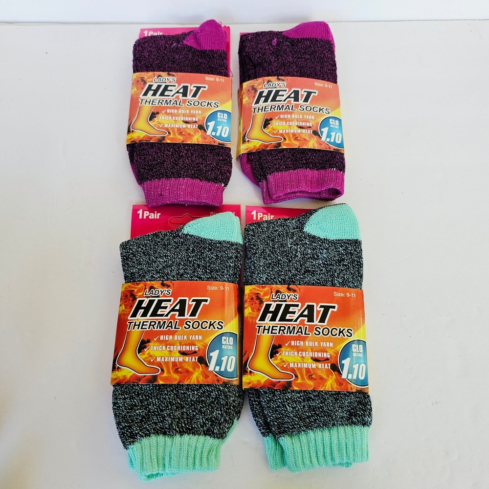 New Lady's Heat Thermal Socks 4 Pairs Purple Teal Thick Cushioning 1.10 CLO Warm